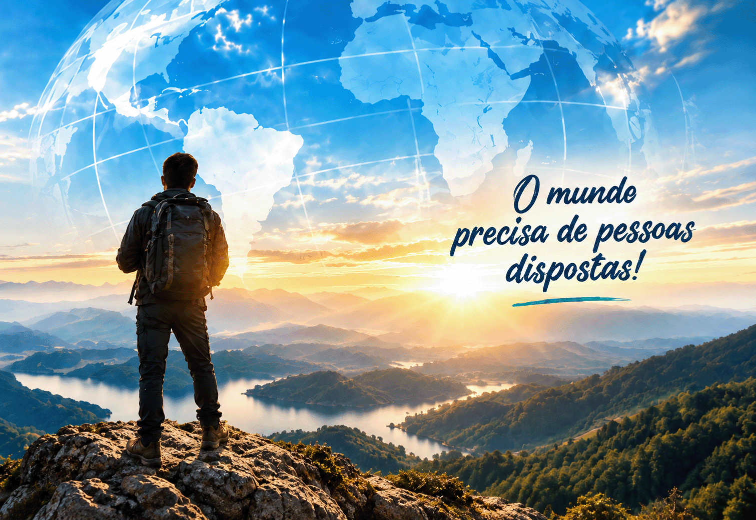 Cenário missionário com globo, montanhas e um viajante observando o horizonte